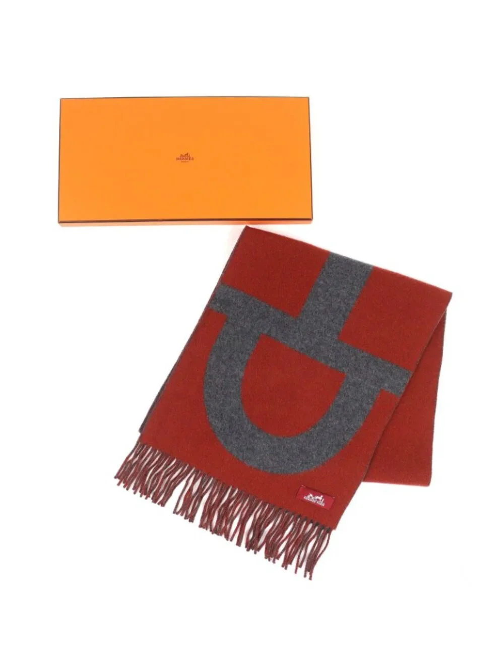 Hermes Grand Mall Cashmere Fringe Scarf Bicolor Brown Gray - Picture 2 of 9
